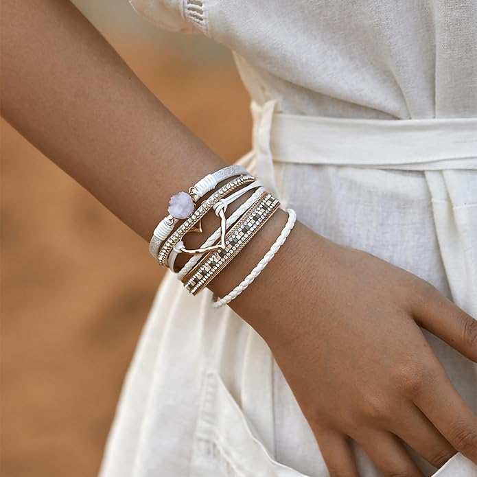 Fesciory Leopard Bracelet for Women, Boho Leather Wrap Multi-Layer Pearl Crystal Bracelet Bangle Jewelry