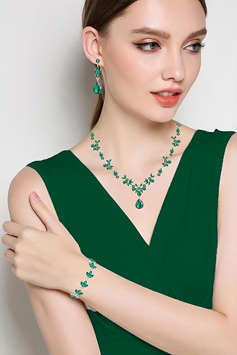 Bridal Wedding Elegant Floral Jewelry Set for Women/Brides/Bridesmaids Crystal Jewelry Set for Wedding Prom Party Bridal Crystal Necklace Earrings Bracelet Set