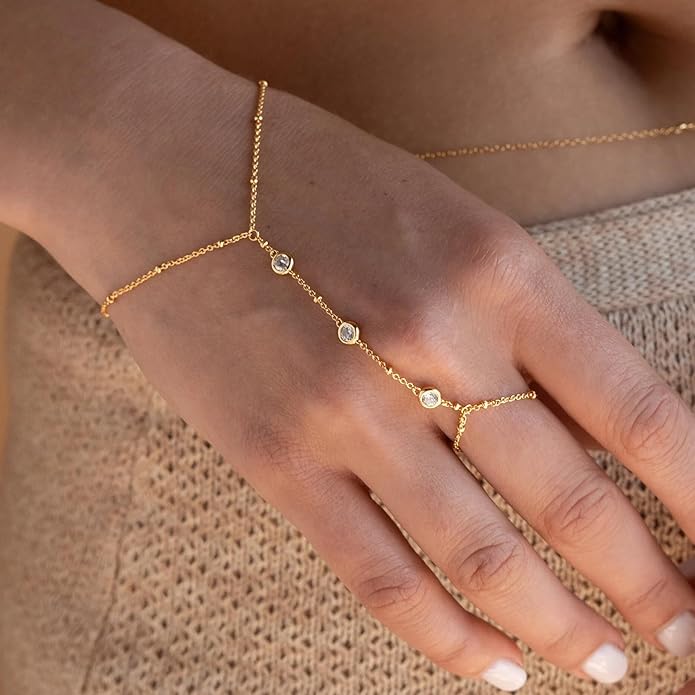 3PCS 14K Gold-Plated Hand Chain Bracelets for Women, Stack Bracelets Set Adjustable, Trendy Dainty Ring Bracelet Hand Chain