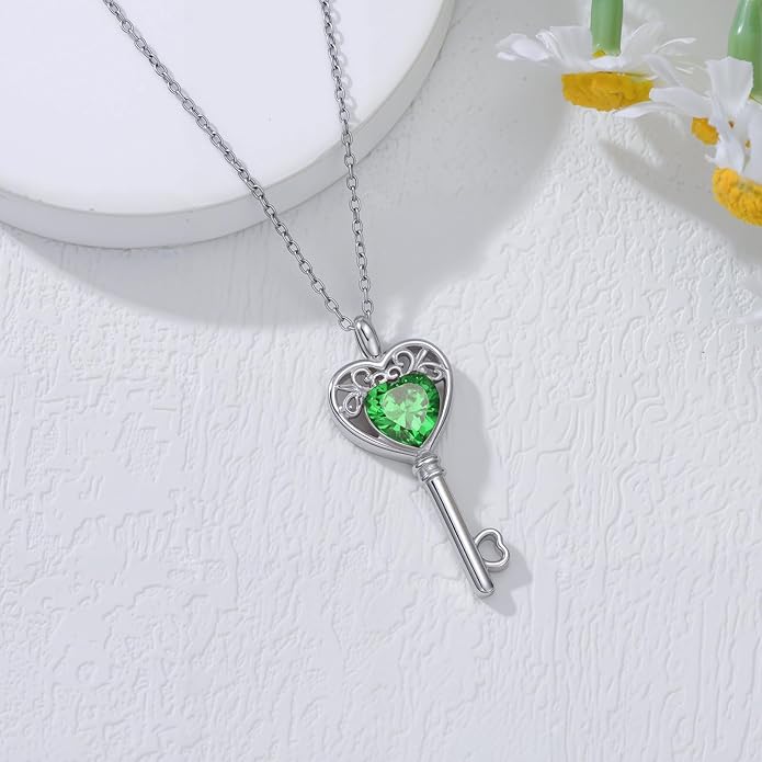 WSX Heart Key Birthstone Necklace for Women 925 Sterling Silver Love Key Pendant with Birthstone Valentine's Day Anniversary Jewelry Gift for Her