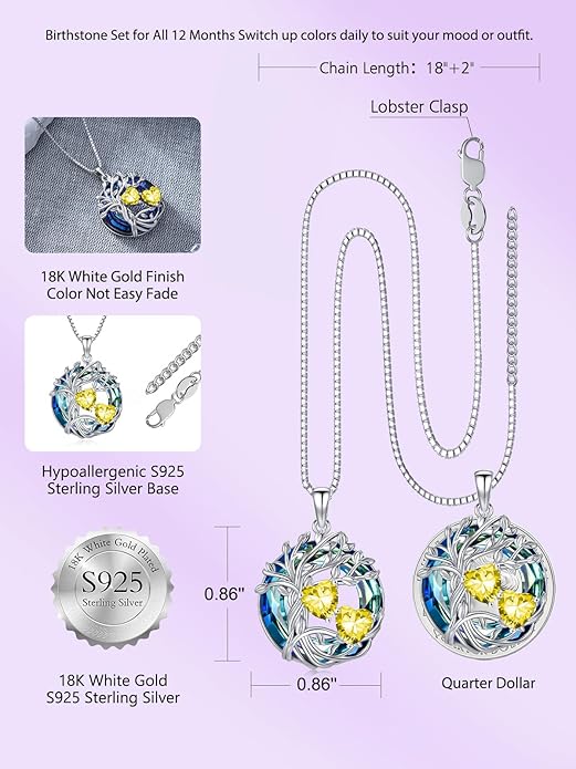 TOUPOP s925 Sterling Silver Family Celtic Tree of Life Pendant Necklaces with 2 Heart Birthstone with Blue Austrian Crystal Jewelry Birthday Valentines Day Gifts for Her, Anniversary Christmas Gifts for Wife Girlfriend Mom (18K Real White Gold Filled)