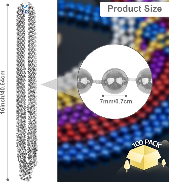 ZYFLSQ 100 Pcs 33" 7mm Metallic Silver Beads Necklaces, Bulk Mardi Gras Beaded Necklaces, Party Beads Costume Necklaces (Silver)