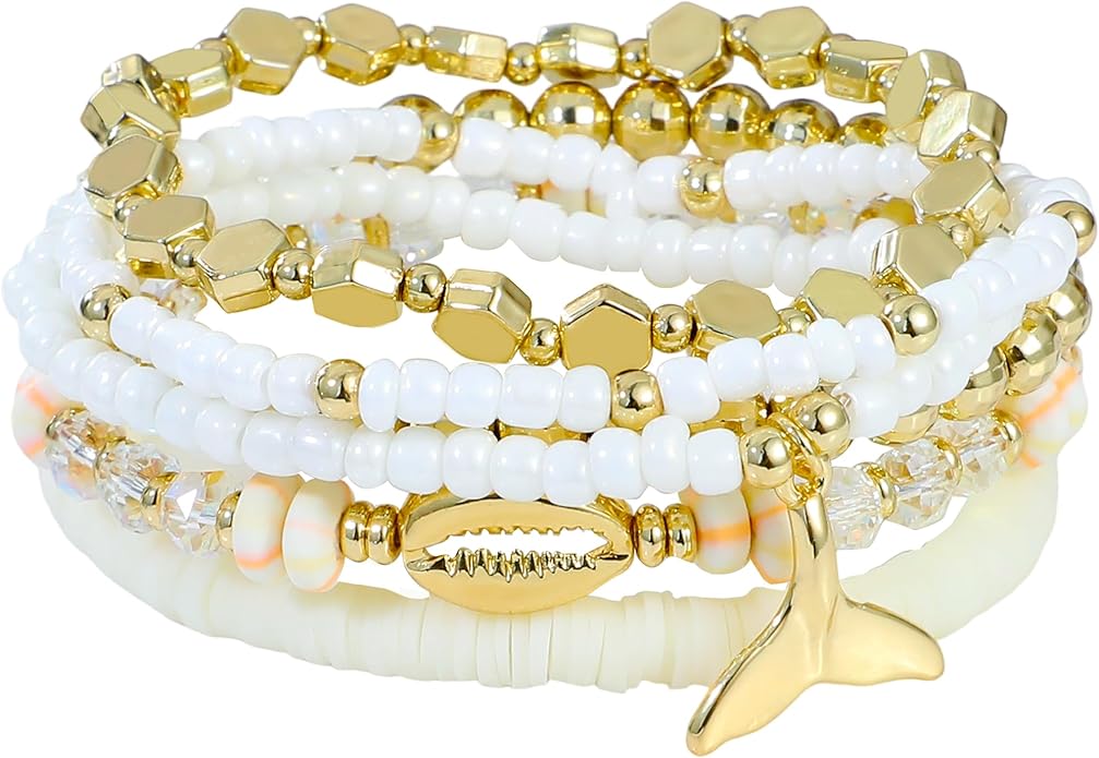 Heishi Beaded Stretch Bracelets for Women Stackable Polymer Clay Beads Bracelets Friendship Boho Summer Beach Bracelet Jewelry Set