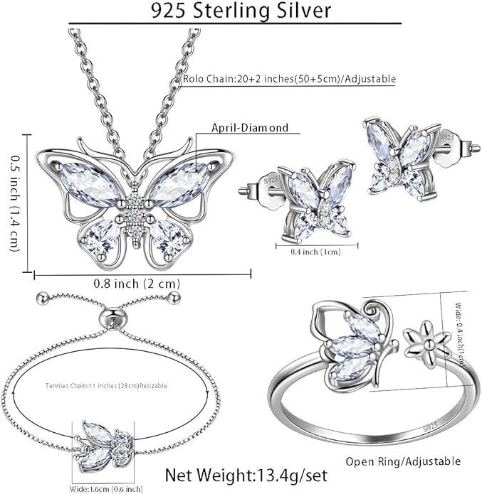 925 Sterling Silver Birthstone Butterfly Jewelry Women Crystal Animal Cute Butterflies Birthday Necklace/Earring/Ring/Bracelet Sets Birth Stone Statement Anniversary Jewellery
