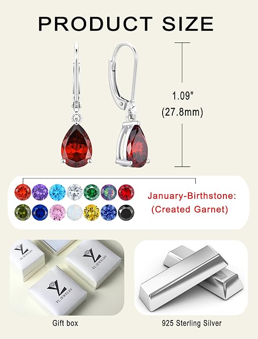 YL 925 Sterling Silver Teardrop Dangle Drop Earrings for Women 7x10 MM Solitaire Birthstone Leverback Jewelry