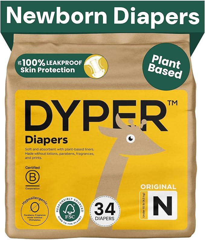 DYPER - Baby Diapers Size 0 (34 Count) - Plant Based Disposable Diapers for Day and Overnight Premium Leak Protection, Skin-Friendly Comfort with Soft Size 0 Diapers (<10 lb)