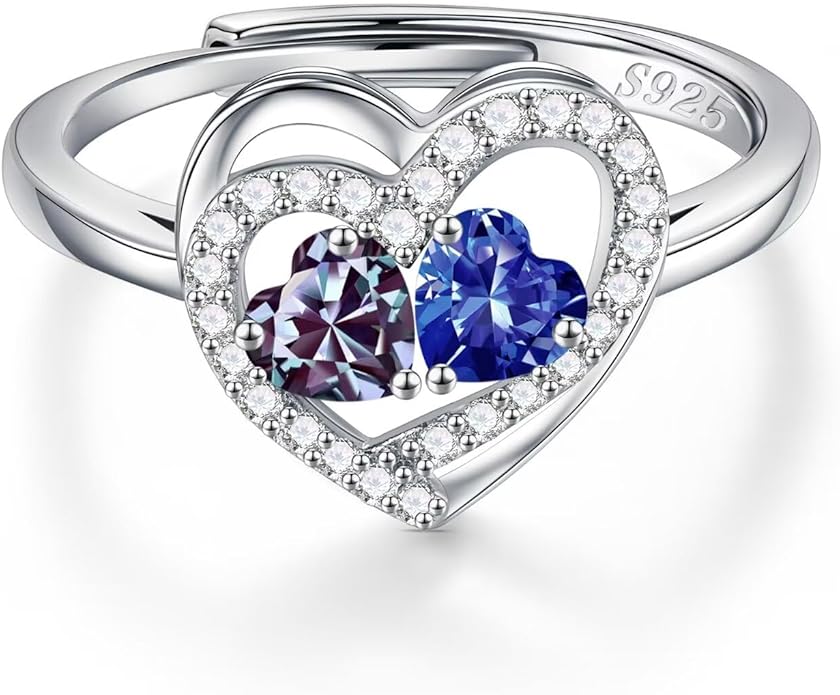 Iefil Adjustable Ring for Women - 925 Sterling Silver Double Birthstone Rings, Anniversary Birthday Gifts for Women Wife Her