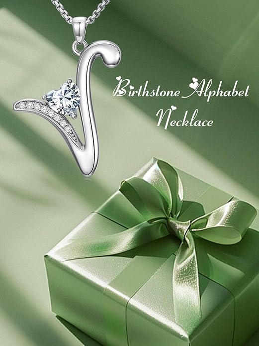 Valentines Day Gifts for Women Alphabet A to Z Initial Birthstone Pendant Necklaces for Women - 18k White Gold Plated Personalized Name Jewelry Valentine Mothers Day Birthday Gifts for Women Her Girlfriend
