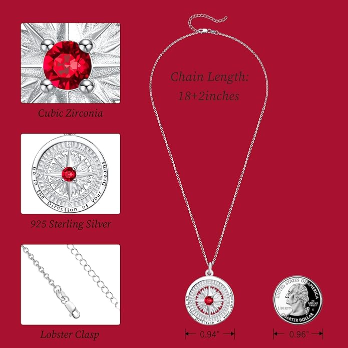 KINGWHYTE Graduation Gifts Birthstone Necklace for Women 925 Sterling Silver Compass Pendant Go in the Direction of your Dream Travel Jewelry Birthday Gift for Her