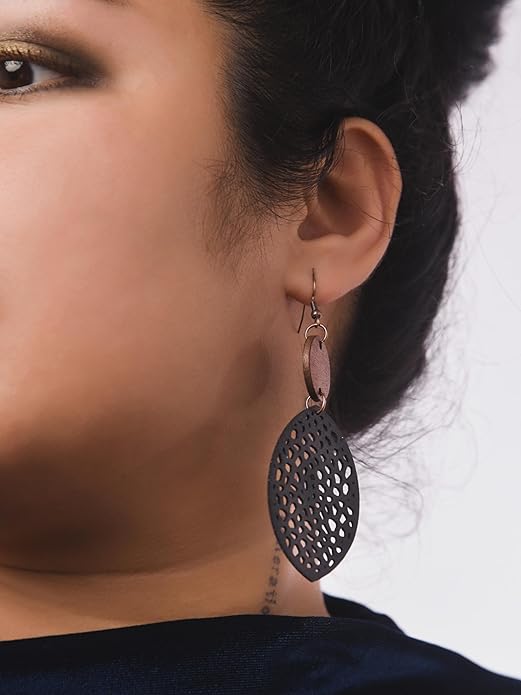 MINACHI Bohemian Hollow Cut-Out Wood Leather Dangle Drop Earrings, Boho Chic Hippie Statement Jewelry Gift for Women