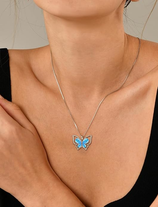 YL Women's Butterfly Necklace 925 Sterling Silver Flower Rose Pendant Birthstone Halo Jewelry