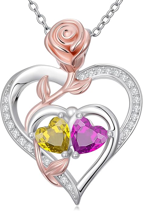 Rose Flower Heart Pendant for Women Birthday Gifts 18k Gold Plated Mother Daughter Necklace with 12 Months Birthstone Christmas Valentines Day Gifts for Her Mom Anniversarry Jewelry for Mom Wife Girlfriend
