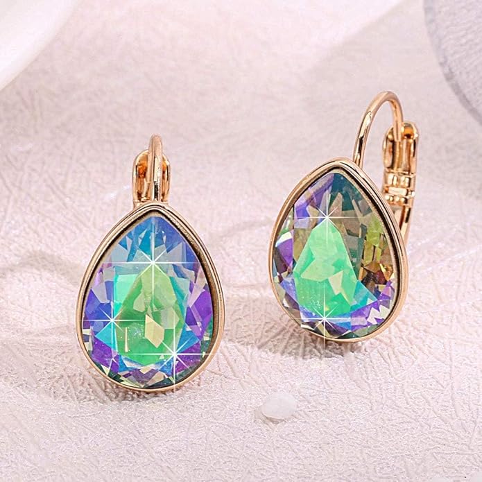 Teardrop Austrian Crystal Leverback Drop Earrings for Women 14K Rose Gold Plated Hypoallergenic Jewelry