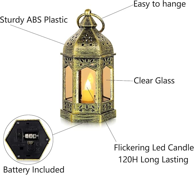 Mini Lantern with Flickering LED Candles Set of 20, Hewory Gold Vintage - Image 3