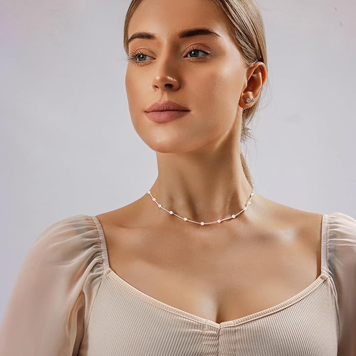 Zeffy Pearl Necklace 4MM/6MM/8MM Dainty Round Imitation Pearl Choker Necklace Wedding Pearl Necklace Delicate Jewelry for Women Simple Bridesmaid Jewelry Gifts