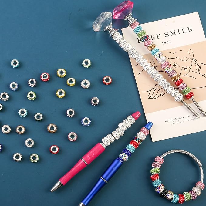 60Pcs Rhinestone Large Hole Beads Spacer Beads Mixcolor European Craft Big Beads Large Hole Rhinestones Lampwork Murano Bead Fairy Wand Garden Beads for DIY Bracelet Necklace Jewelry Making Supplies