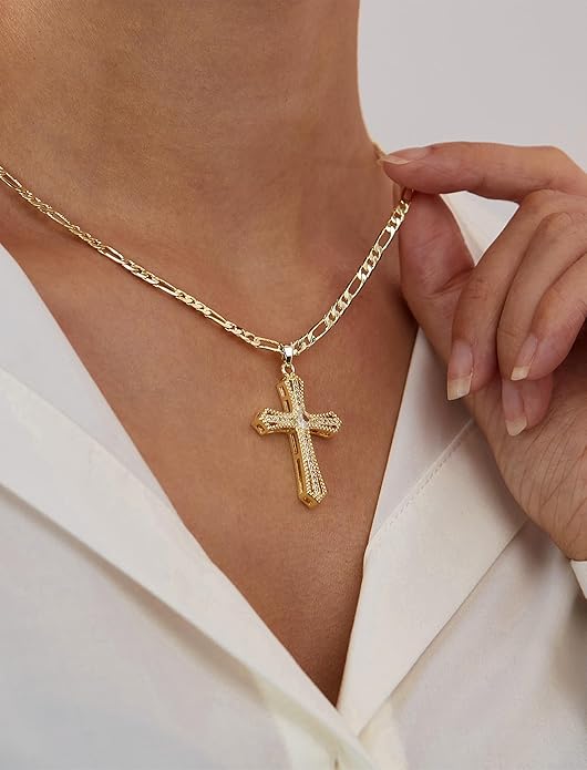14K Gold Plated Cross Necklace for Women, Cubic Zirconia Copper Cross Pendant, Valentine's Mother's Day Gifts for Her with Jewelry Box Figaro Link Chain, Alloy Brass CZ Diamond Bridal Wedding