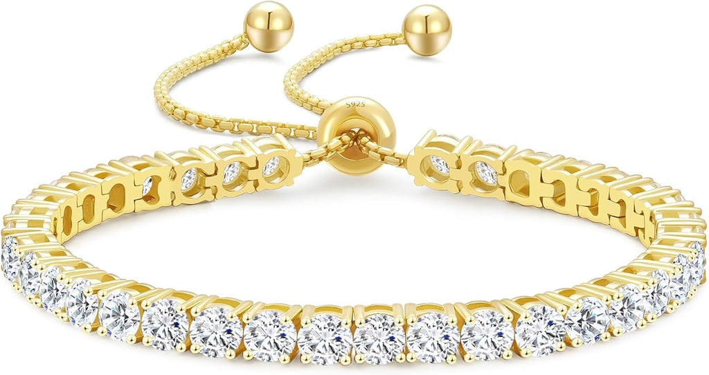 KRKC&CO Tennis Bracelet, Adjustable Length S925 Sterling Silver 2/3/4mm, Christmas Birthday Gifts for Her, Gift Box, Cubic Zirconia Bolo Bracelets for Women White/14K Gold Plated, Hypoallergenic