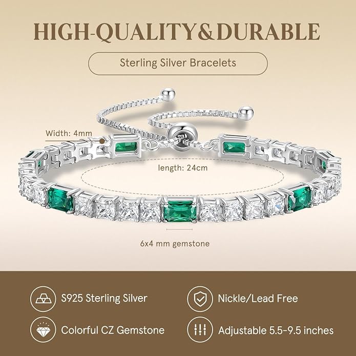 FANCIME Birthstone Bracelet for Women, Sterling Silver 4x6mm Gemstone Tennis Bracelet Bolo Adjustable Chain Fine Jewelry Birthday Gifts for Women Mom Wife Her