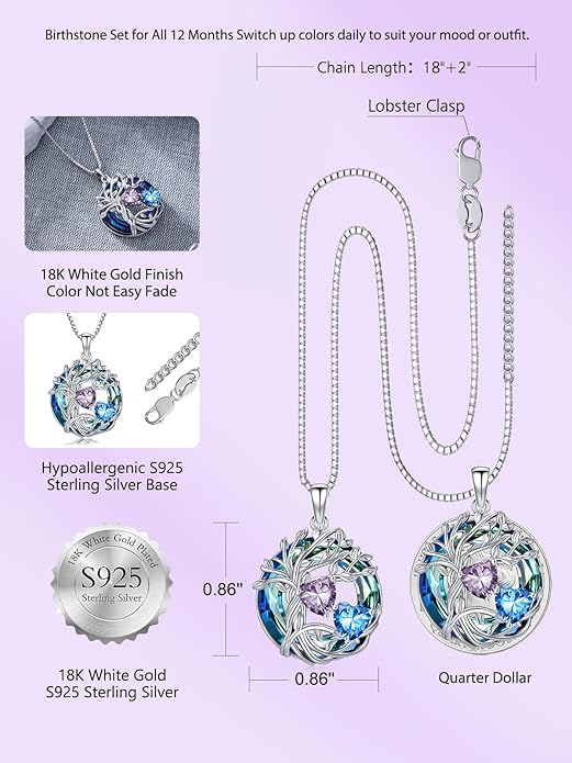 TOUPOP s925 Sterling Silver Family Celtic Tree of Life Pendant Necklaces with 2 Heart Birthstone with Blue Austrian Crystal Jewelry Birthday Valentines Day Gifts for Her, Anniversary Christmas Gifts for Wife Girlfriend Mom (18K Real White Gold Filled)