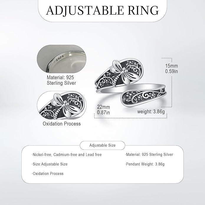 Adjustable Rings 925 Sterling Silver Jewelry Witch Hat Fox Dolphin Butterfly Dragonfly Spoon Ring Gifts for Women Men Lover Anniversary Birthday Graduation Christmas Valentine's Day Mother's Day