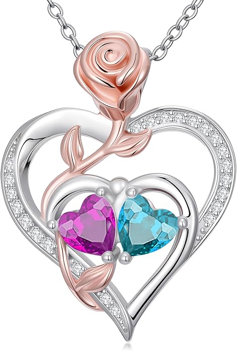 Rose Flower Heart Pendant for Women Birthday Gifts 18k Gold Plated Mother Daughter Necklace with 12 Months Birthstone Christmas Valentines Day Gifts for Her Mom Anniversarry Jewelry for Mom Wife Girlfriend