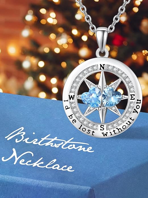 Compass Necklace for Women, Exquisite S925 Valentines Day Anniversary Birthday Gifts for Wife Her Double Birthstone Pendant Jewelry ‘I'd be Lost Without You’