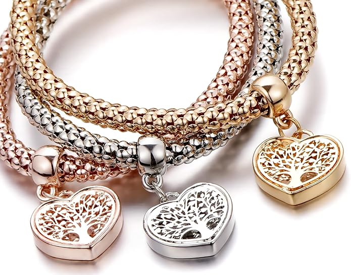 Crystal Charms Multilayer Bracelets - 3PCS Gold/Silver/Rose Gold Corn Chain Bracelet for Women, Tree of Life Heart Shaped Stretch Bracelet