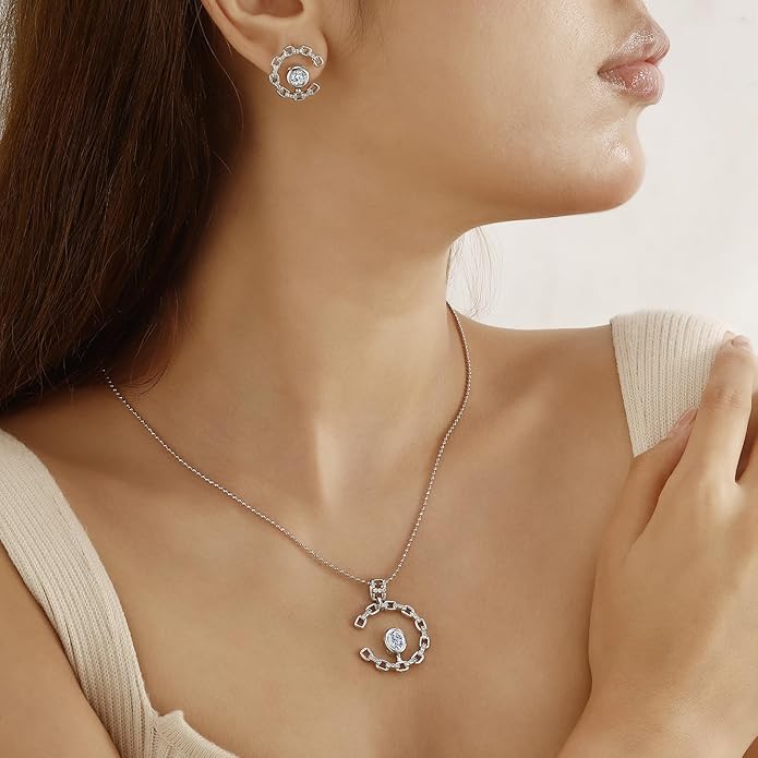 Elegant C-Shaped Crystal Necklaces/Stud Earrings Set with Birthstone Jewelry Set Silver Plated Fashion Jewelry for Women CS0003