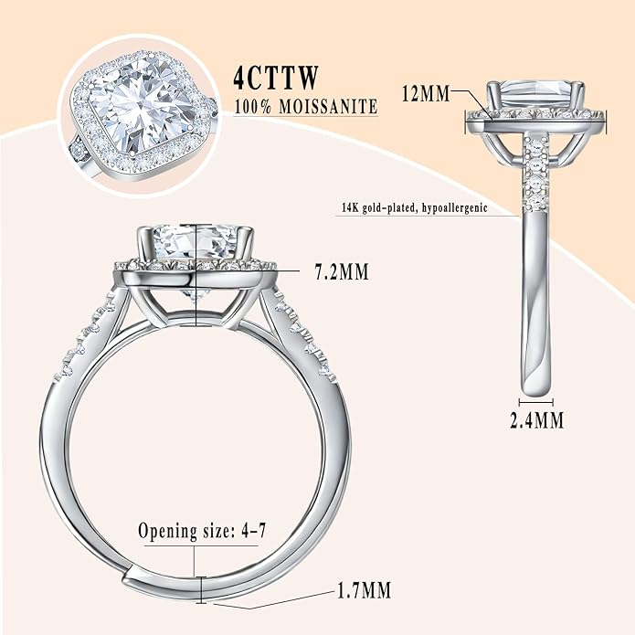 Engagement Rings for Women, Wedding Band for Women，Brilliant D Color VVS1 Clarity Lab Created Rings 14K White Gold Vermeil Ring for Women Jewelry Gifts Adjustable Ring 4-10