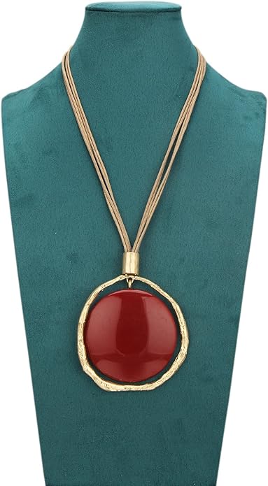 GelConnie Leather Necklace for Women Large Pendant Long Brown Necklace Circle Leather Choker Vintage Sweater Necklace Gold Chunky Boho Necklaces for Women