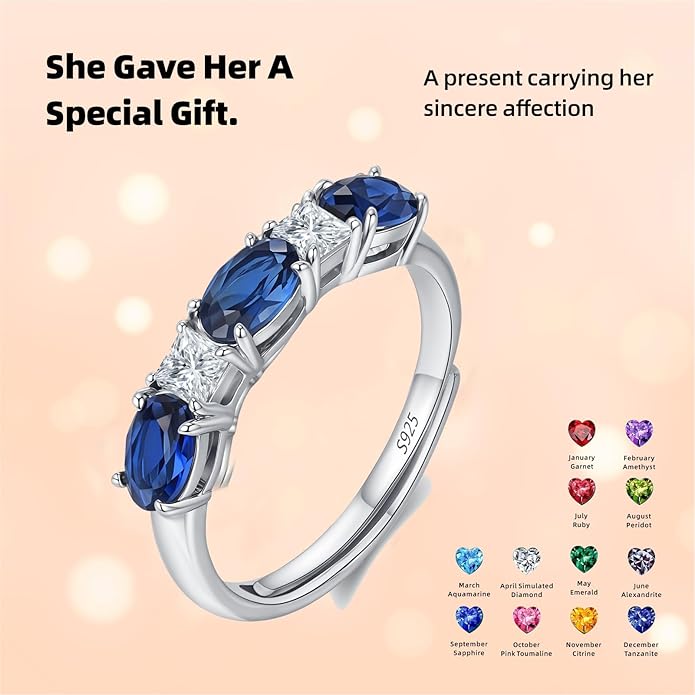 925 Sterling Silver Birthstone Rings for Women - Adjustable Size Women Jewelry Birthday Gifts for Girlfriend,Wife,Mom