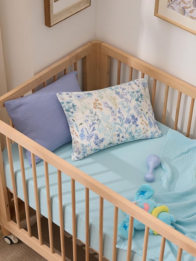 TILLYOU Muslin Toddler Pillowcase 2 Pack, 13x18 Soft Travel Cotton Pillow Case Kids for Boys and Girls, Blue Flower