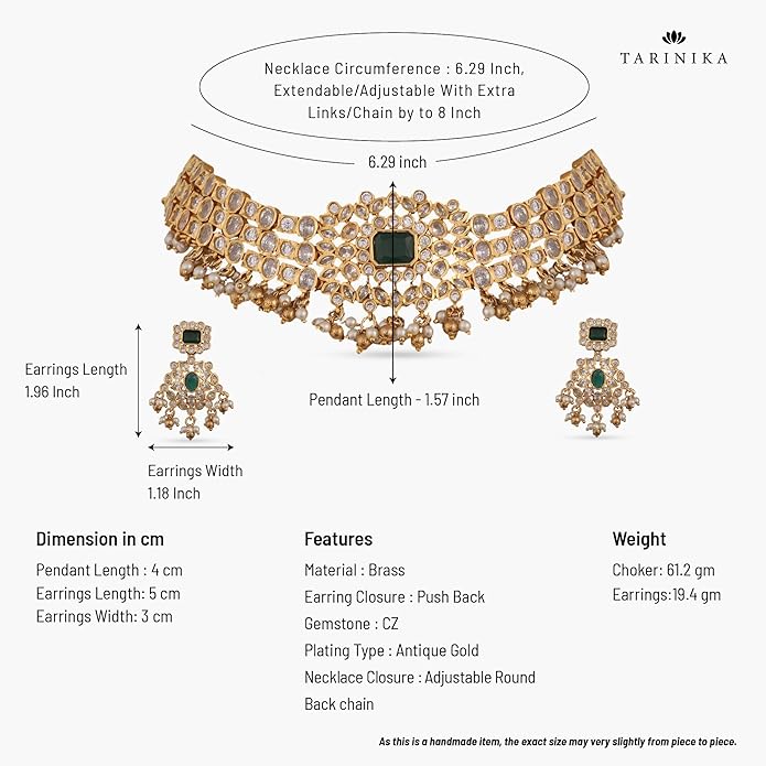 TARINIKA Brass Indian Choker Necklace Set - Gold Plated Cubic Zirconia Indian Jewelry Sets for Women Dangle, Drop, Jhumka Earrings Traditional Desi Necklace Pearls Gift for her