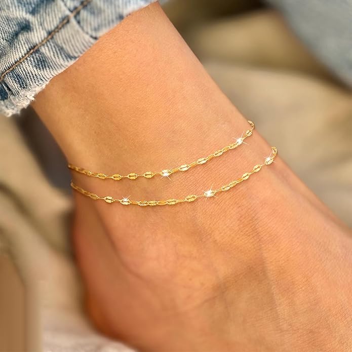 Ankle Bracelets for Women, Glitter Waterproof Adjustable Anklet for Women, 14K Gold Plated/Sterling Silver Layered Anklets, Summer Beach Anklet Jewelry for Women Gift