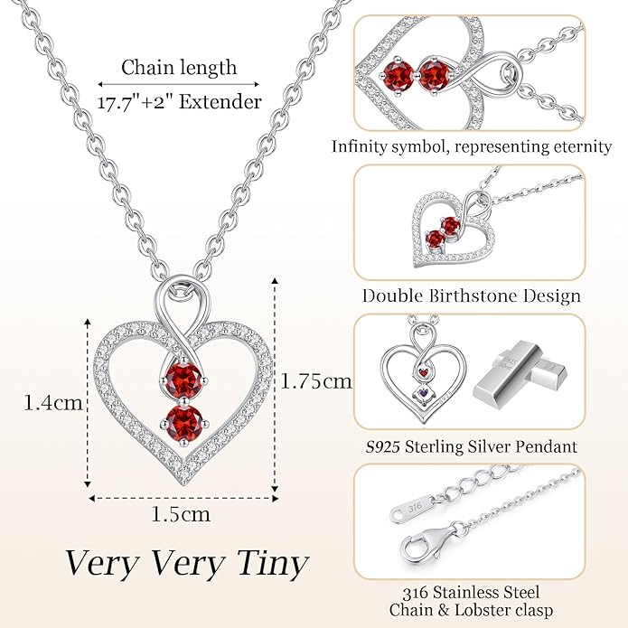 LOUISA SECRET Infinity Double Birthstone Necklace, 925 Sterling Silver Tiny Pendant Heart Necklace for Women Wife Her, Best Jewelry Gift Heart Jewelry Meaningful Gift for Valentine's Day, Christmas, Birthday Anniversary