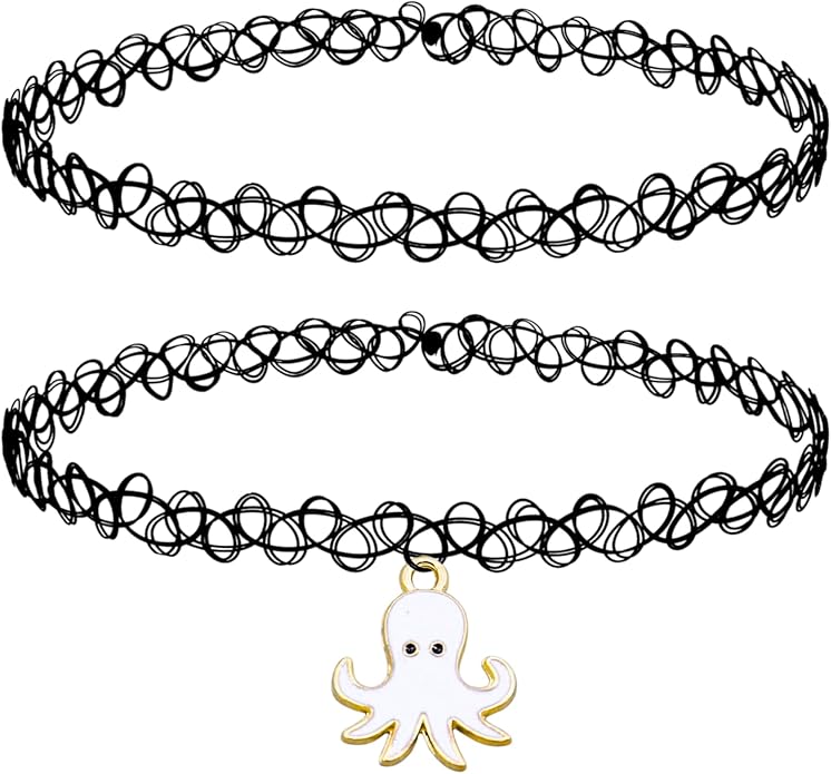 BodyJ4You 2PC Tattoo Choker Necklace - 90s Choker Necklace Women - 2000s Y2K Black Chokers Rainbow Choker - Butterfly Ying Yang Unicorn Rainbow Charms - Stretchy Elastic Necklace
