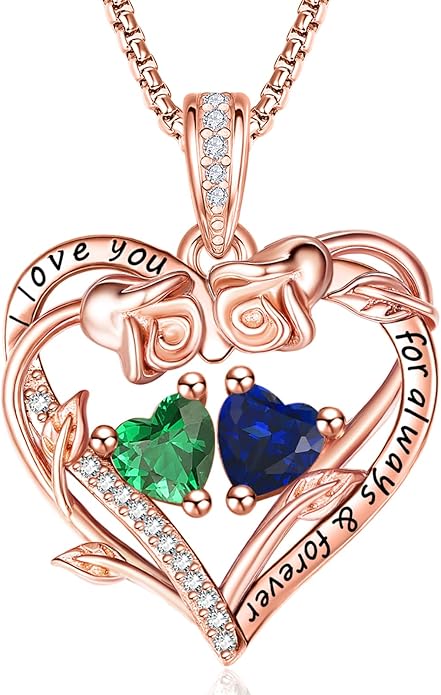 Rose Heart Necklaces for Women, Rose Gold Forever Love Jewelry with 2 Birthstones Pendant,Valentines Anniversarry Birthday Gifts for Her Wife Mom Grandma Daughter, 18+2 Inch Chain