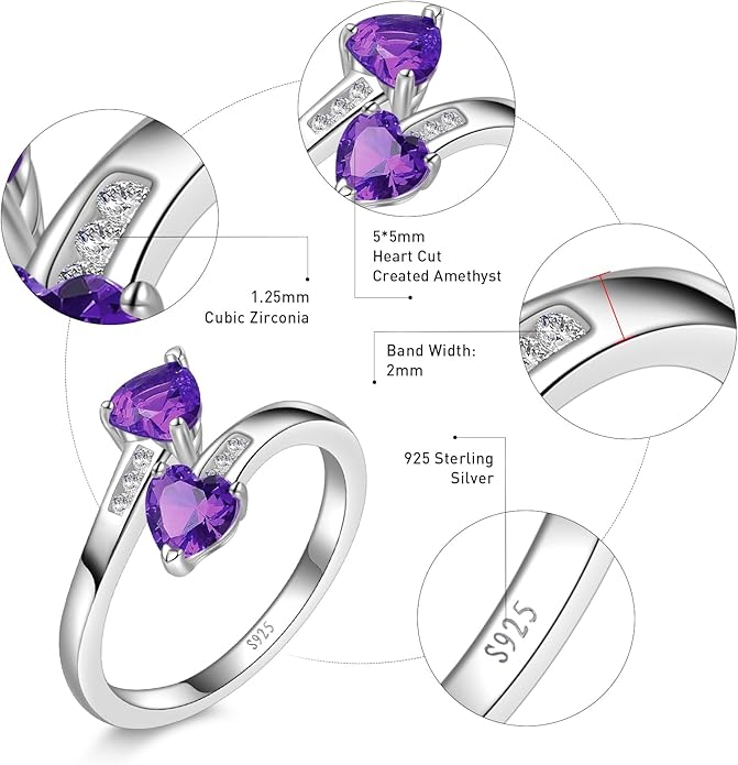 1CT Adjustable Women Heart Ring 925 Sterling Silver Birthstone Rings for Women Promise Ring for her Simulated Gemstone Statement Stackable Band Width 2mm Open Size 5~9