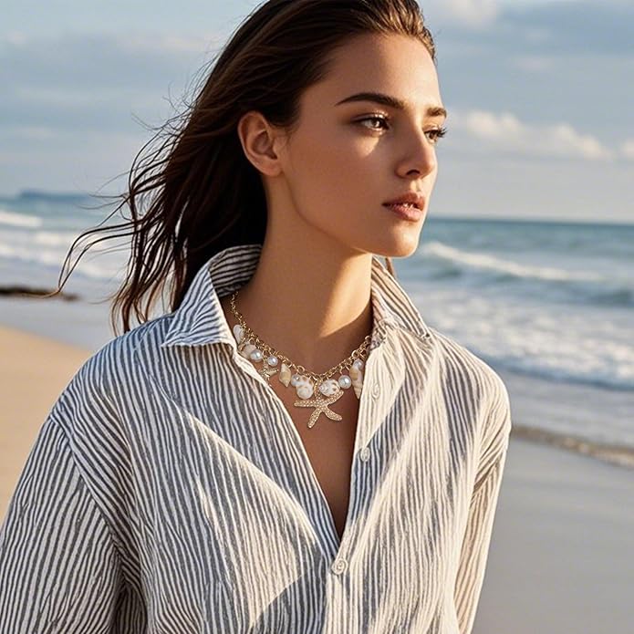 Gold Sea Shell Necklace Layered Charm Necklace for Women Boho Summer Seashell Beach Starfish Necklaces 14k Pearl Chain Surfer Jewelry Beach Vacation Essentials