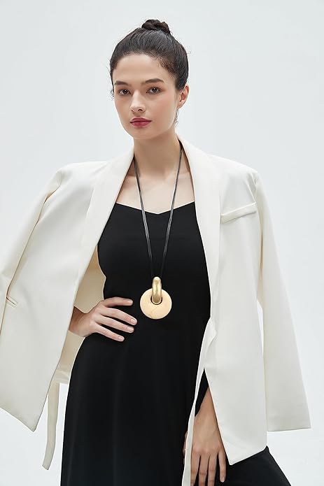 GelConnie Leather Necklace for Women Large Pendant Long Brown Necklace Circle Leather Choker Vintage Sweater Necklace Gold Chunky Boho Necklaces for Women