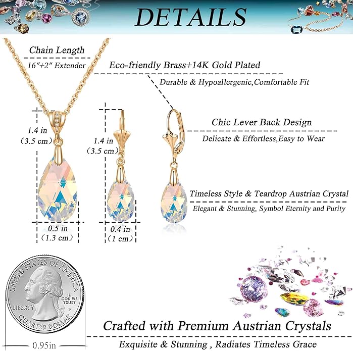 EVEVIC Austrian Crystals Teardrop Pendant Necklace Earrings for Women 14K Gold Plated Hypoallergenic Leverback Drop Dangle Earrings Jewelry Set