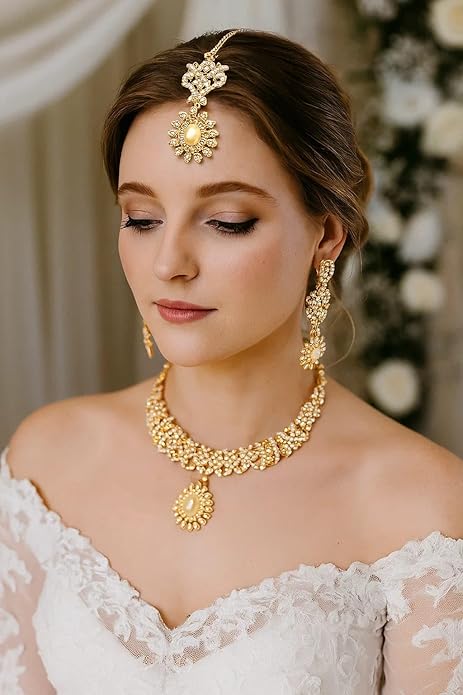 Touchstone Indian jewelry sets for women wedding gold kundan necklace traditional earrings tikka bollywood party style white crystal rhinestone guest gift bridal costume prom dainty accessories