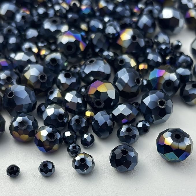 600pcs Crystal Glass Beads 3mm 4mm 6mm 8mm 10mm Rondelle Faceted Crystal Beads Spacer Beads for Necklace Bracelet Earrings DIY Jewelry Crafts Making Supplies(Black AB)