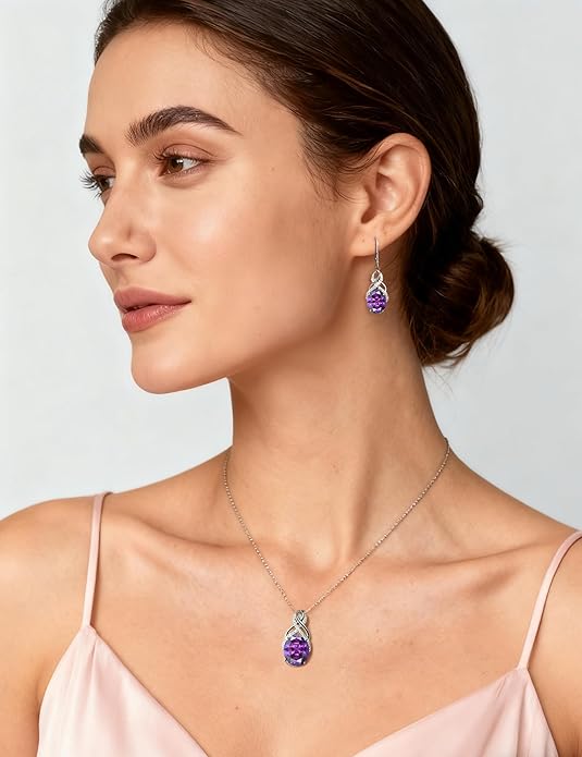 STARCHENIE 925 Sterling Silver Infinity Necklace Earrings for Women Amethyst Drop Dangle Earrings Oval Cut Birthstone Pendant Jewelry Set Gift