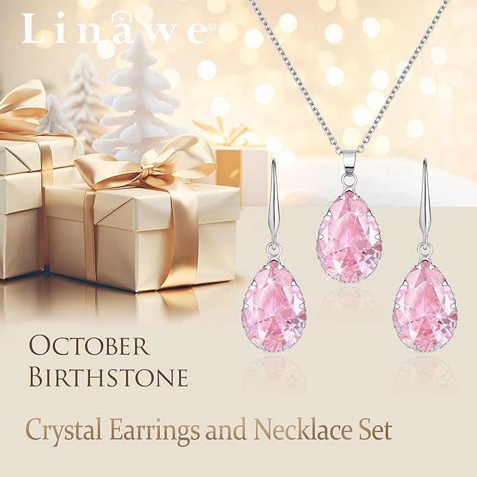 Linawe Crystal Jewelry Sets for Women, Imitation Diamond Pendant Necklace, Rhinestone Drop Dangle Earrings, Birthstone Cubic Zirconia Matching Wedding Jewelry, 14K Gold/Rose Gold/Silver Tones
