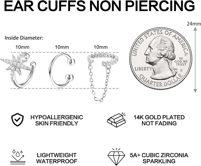 Dochais Ear Cuffs Non-Piercing Earrings for Women Cute Small Clip-On Cartilage Earring 14k Gold Plated Dainty Fake Piercings Earings