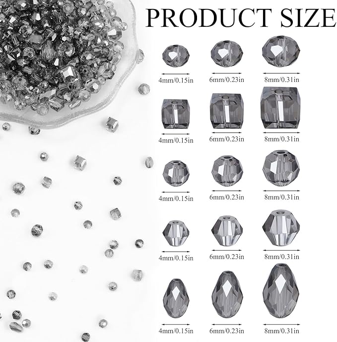 LAIDANLA 800PCS Glass Beads Gray Color Crystal Beads Assorted Crystal Beads with Container Box for DIY Necklace Bracelet Earring Jewelry Making