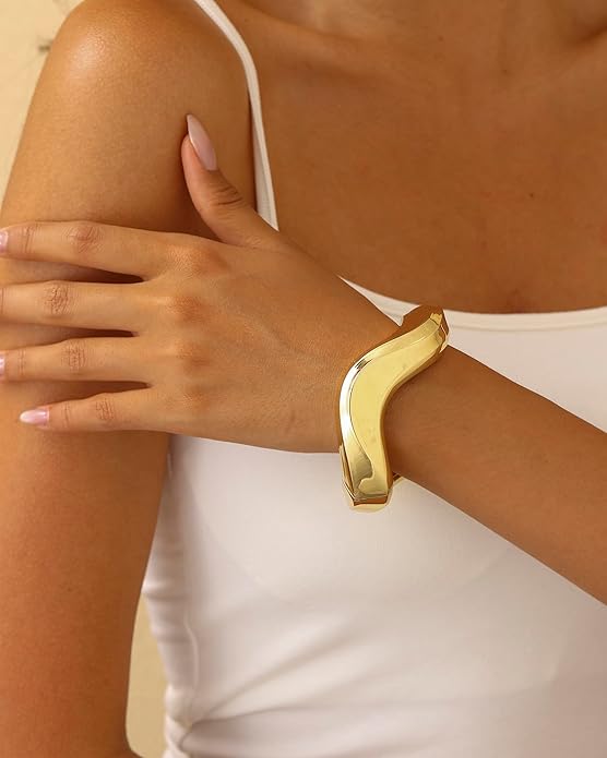 Bangle Bracelets for Women | 14K Gold Plated Trendy Wide Bracelets | Hinged Arm Cuff Bangles Chunky Bracelet for Women