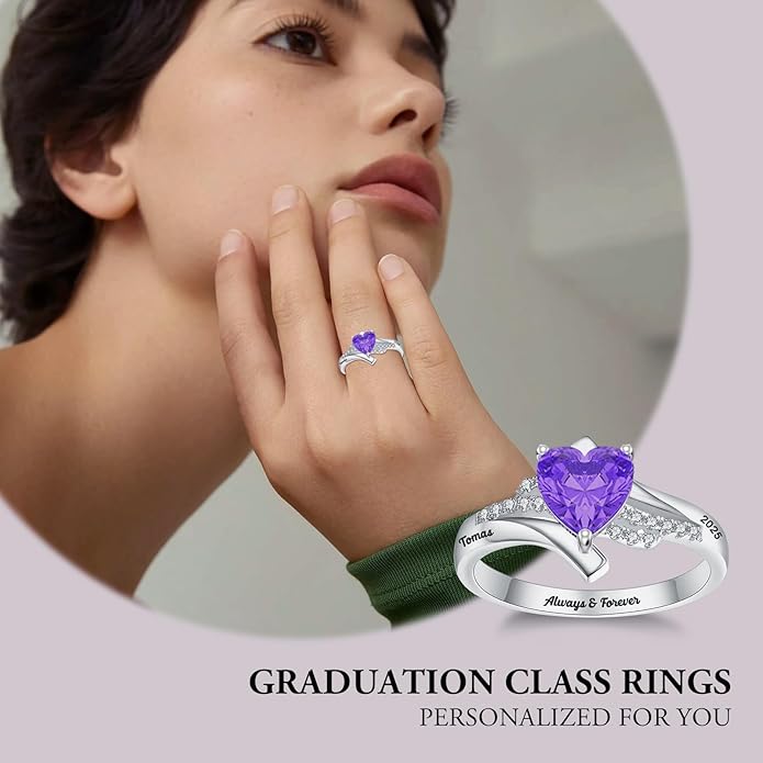 Custom Class Rings Personalized Birthstone Rings High School College Ring 925 Sterling Silver Engraved 2025 Graduation Jewelry Gifts for Women Size 4-15